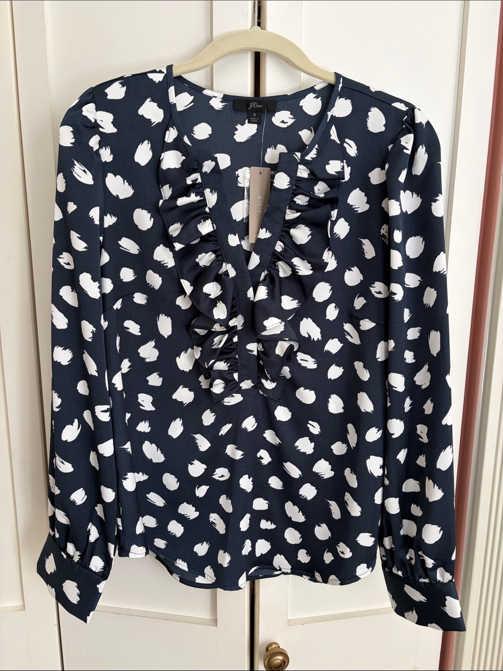 J. Crew Navy and White Ruffle-Front Blouse